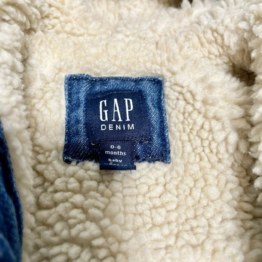 Gap Baby Bear Ear Denim Jacket Sherpa Borg Lined Blue Hooded Coat 0-6 Months